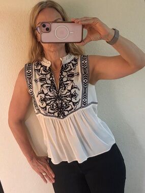 Rebecca Taylor White Sleeveless Top with Black Embroidered Yoke